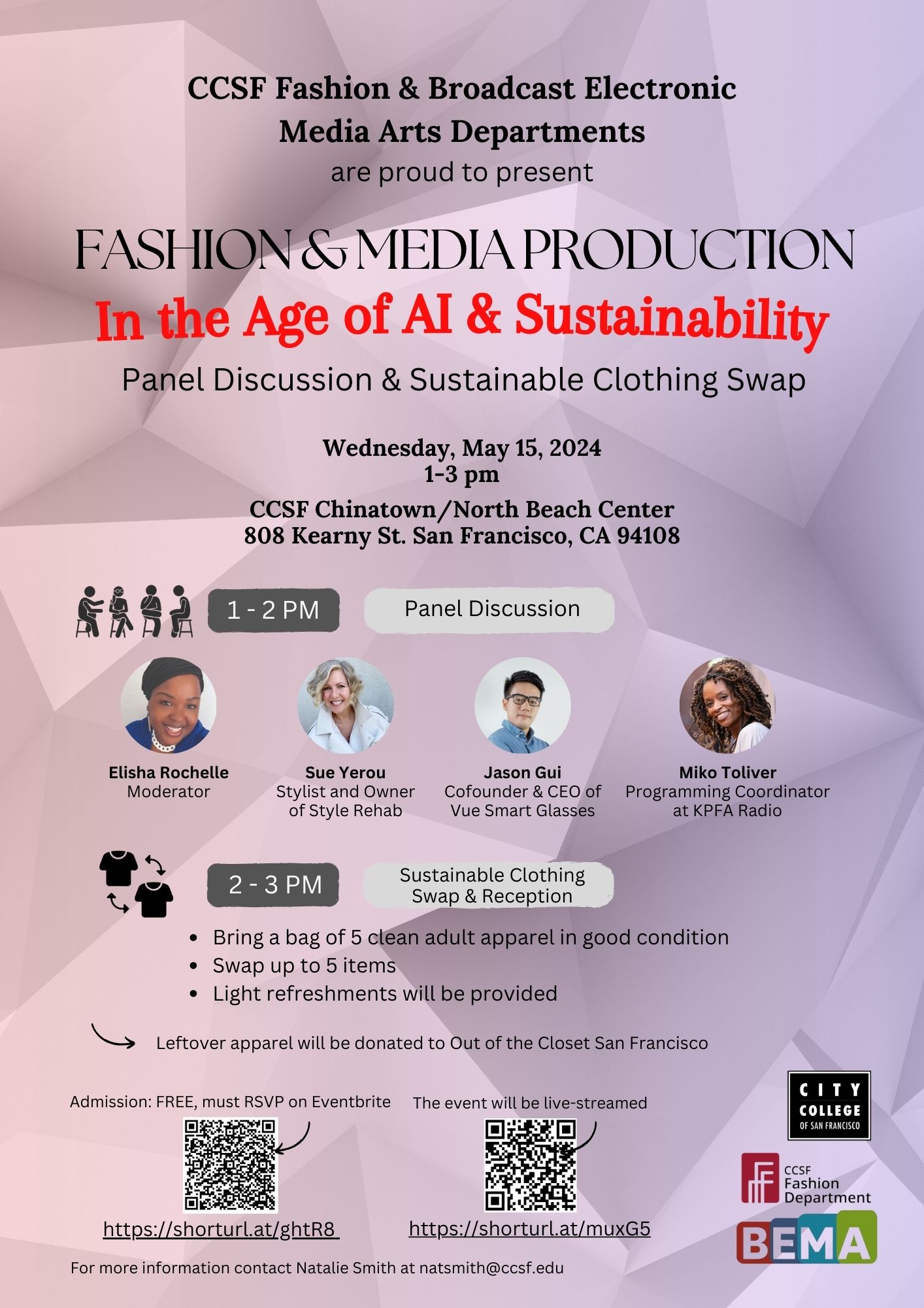 CCSF Fashion & Broadcast Electronic Media Arts Departments - In the Age of AI & Sustainability Panel Discussion & Sustainable Clothing Swap