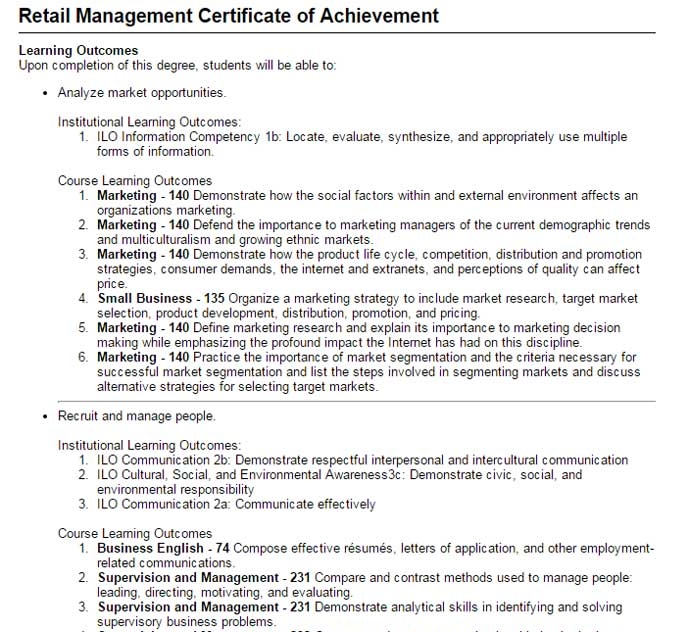 Screenshot of program outcomes report